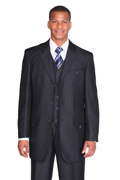 Mens 3 Button Vested Mini Diamond Weave Shiny Sharkskin Suit in Black