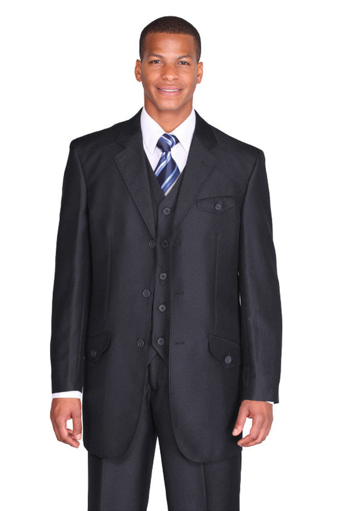 Mens 3 Button Vested Mini Diamond Weave Shiny Sharkskin Suit in Black