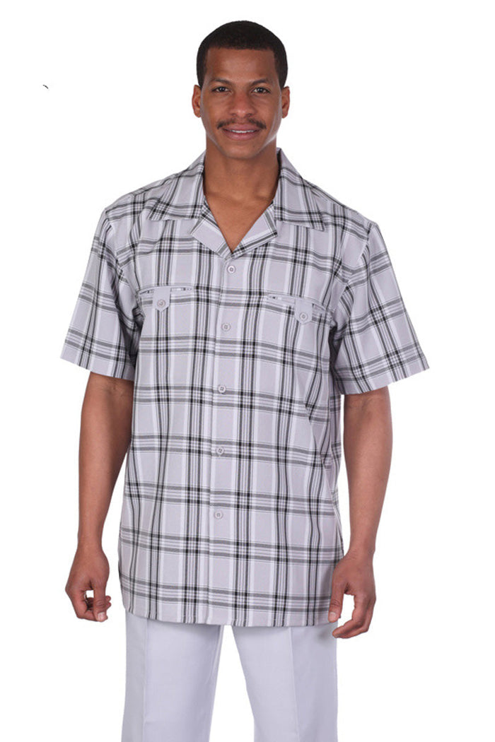 Mens Short Sleeve Plaid Walking Suit in Grey
