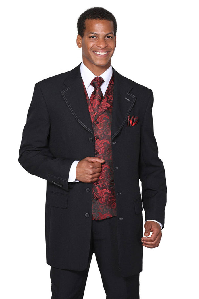 Black/Red 3/4 Length Suit with Paisley Vest