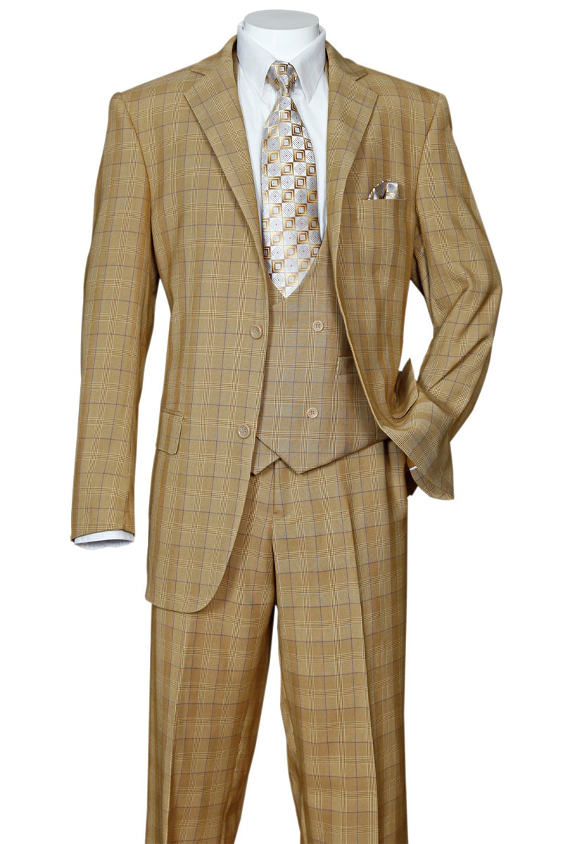 Mens 2 Button Plaid Double Breasted Fancy Scoop Vest Suit in Tan