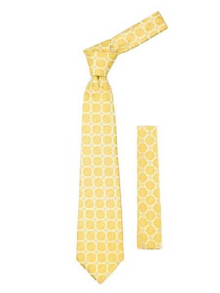 Floral Design Fashionable Yellow Necktie With Handkderchief Set - Men's Neck Ties - Mens Dress Tie - Trendy Mens Ties