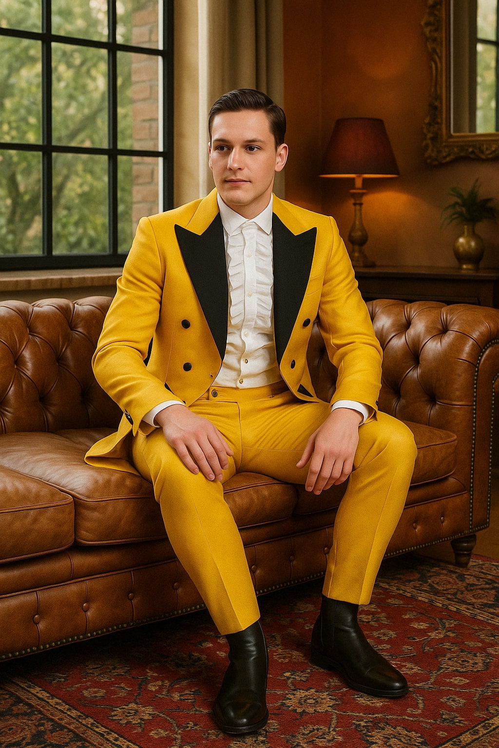 Yellow Tailcoat Tuxedo with Black Lapel Brocade