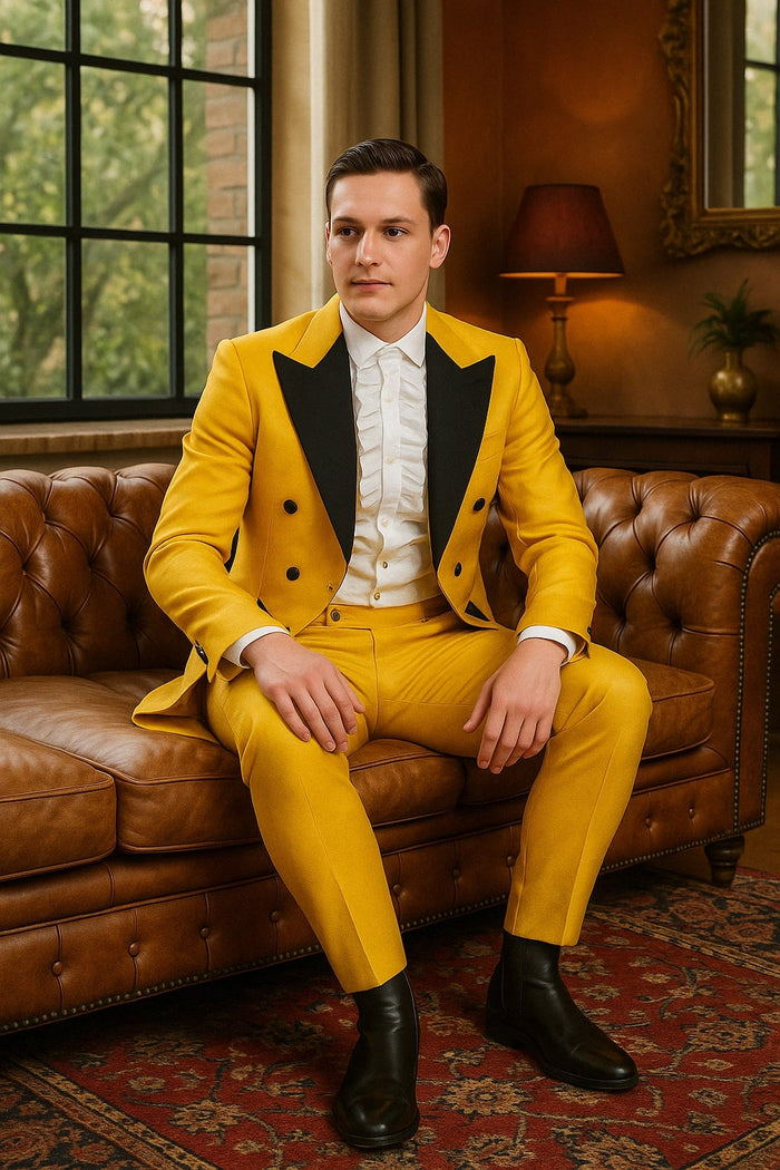 Yellow Tailcoat Tuxedo with Black Lapel Brocade