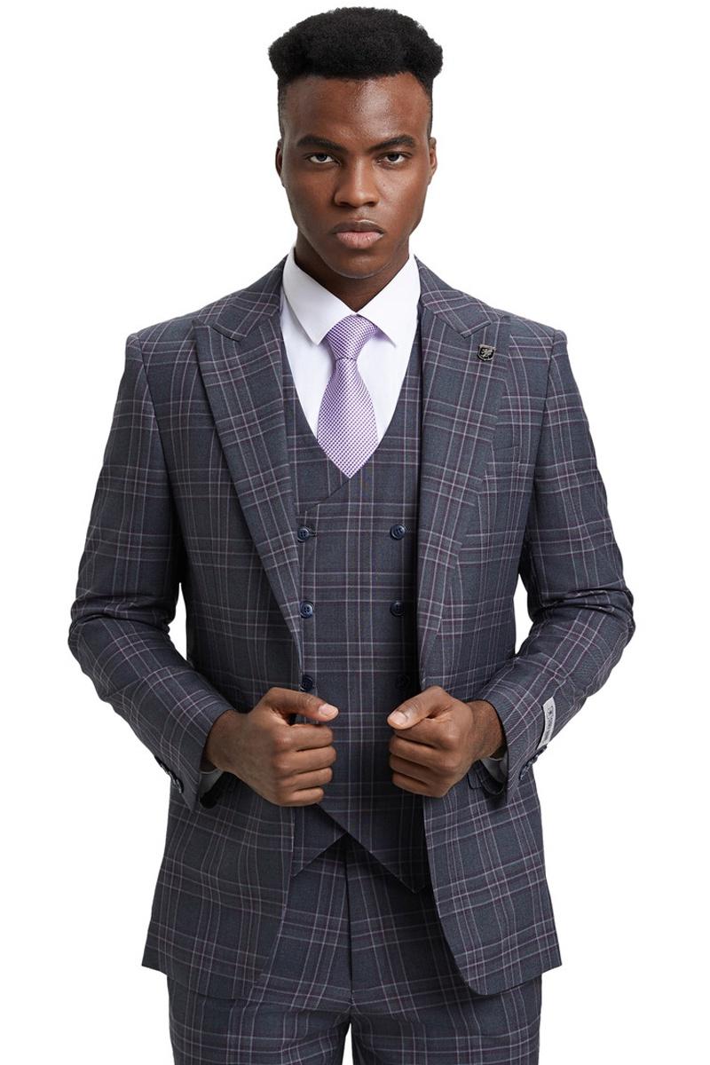 Stacy Adams Plaid One Button Peak Lapel Vest Suit