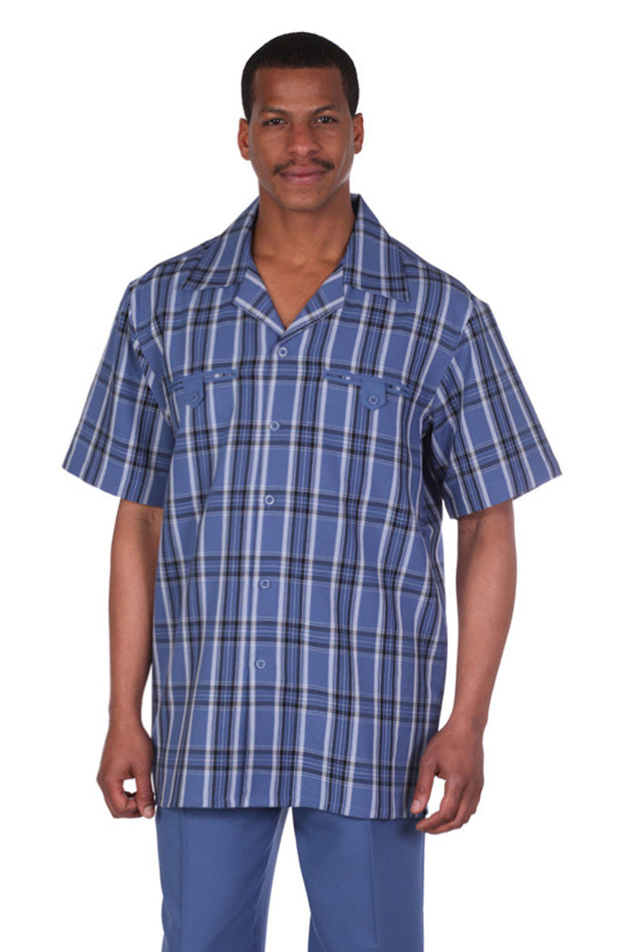 Mens Short Sleeve Plaid Walking Suit in Blue