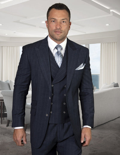 Wide Peak Lapel Wool Suit with Double Breasted Vest
