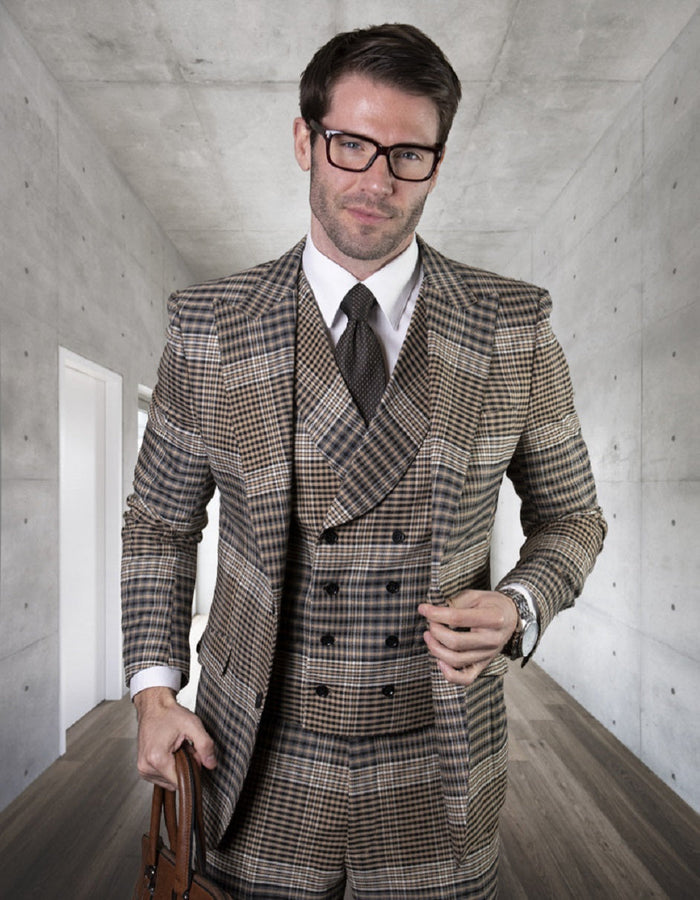 Tan Wide Plaid Classic Fit Wool Suit