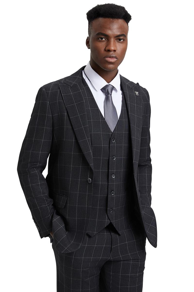 Stacy Adams Windowpane Vest Suit - Dark Charcoal