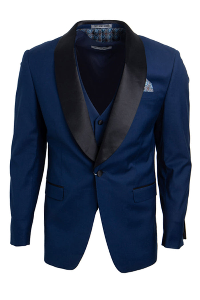 Indigo Slim Fit Tuxedo with Large Black Shawl Lapel – 3 Piece Wedding & Prom Set
