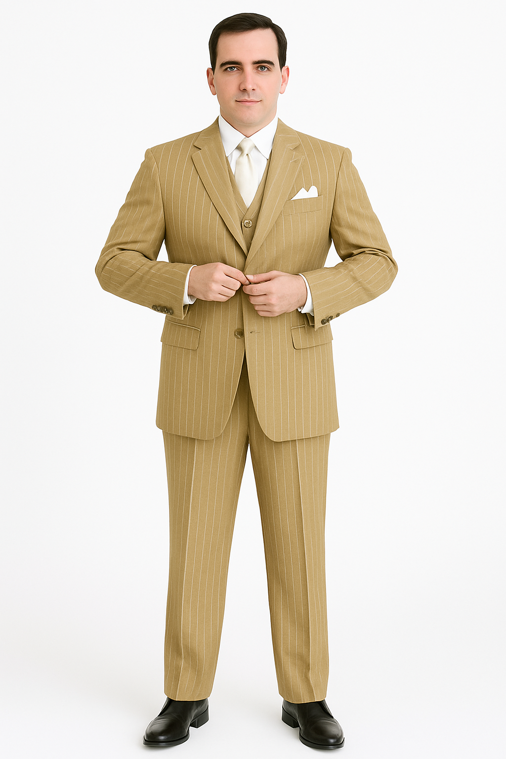 Modern Beige Pinstripe 3-Piece Suit for Versatile Wear
