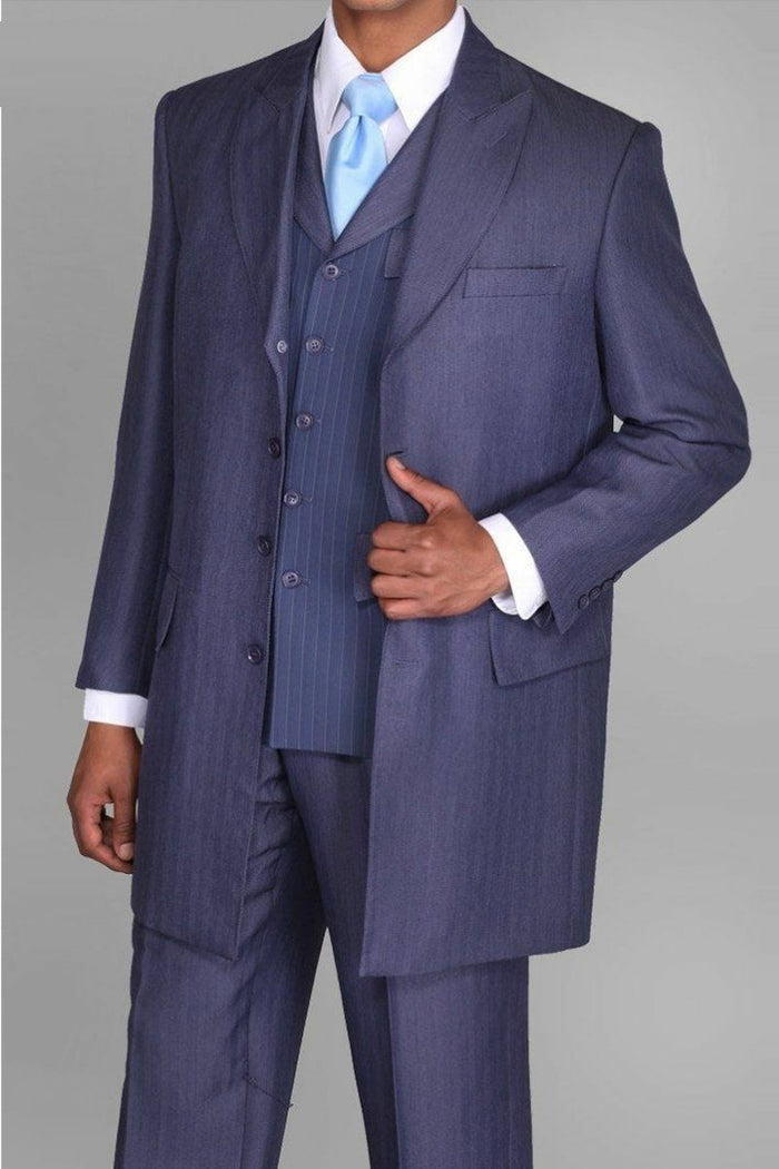 Mens Vested Peak Lapel Fashion Herringbone Zoot Suit in Navy