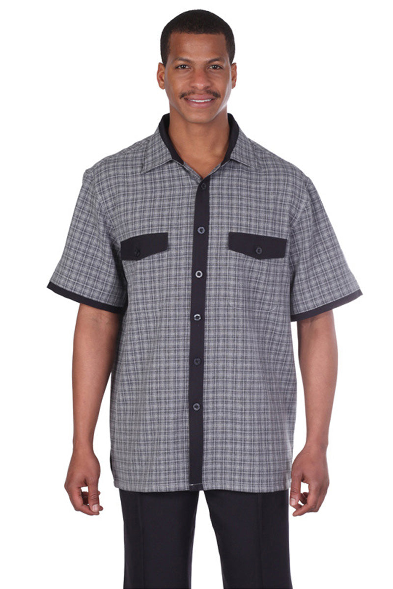Mens Short Sleeve Mini Plaid Walking Suit in Black
