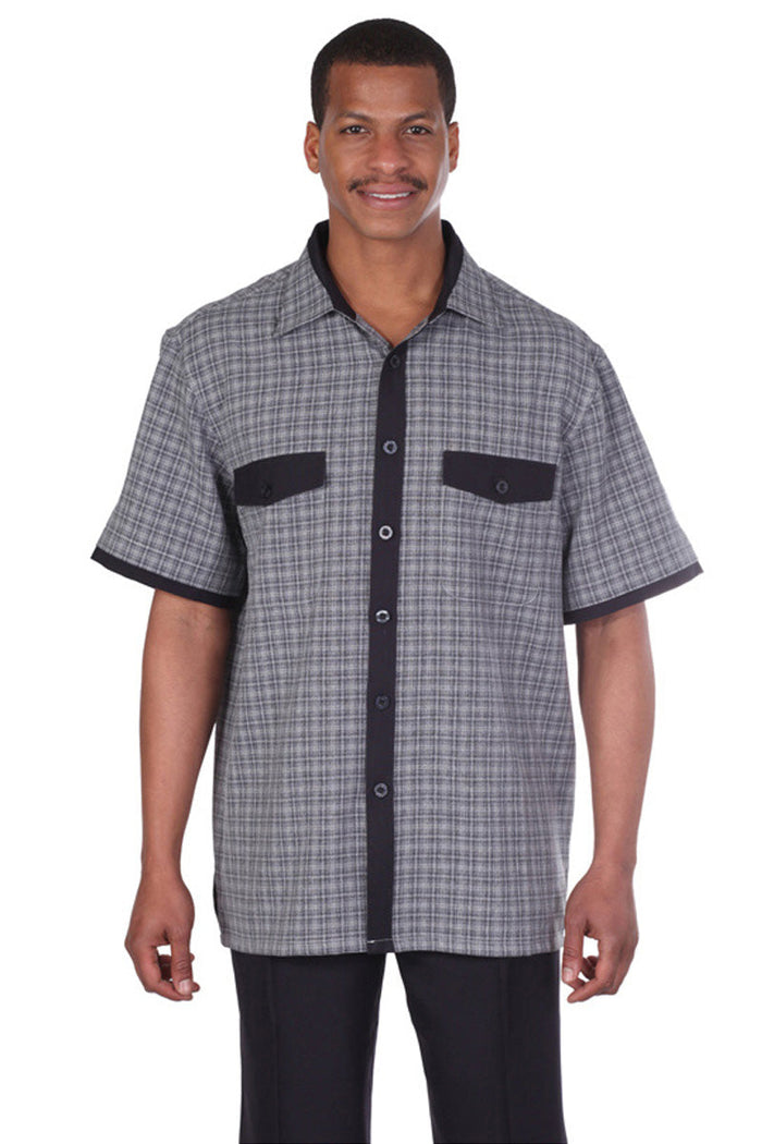 Mens Short Sleeve Mini Plaid Walking Suit in Black