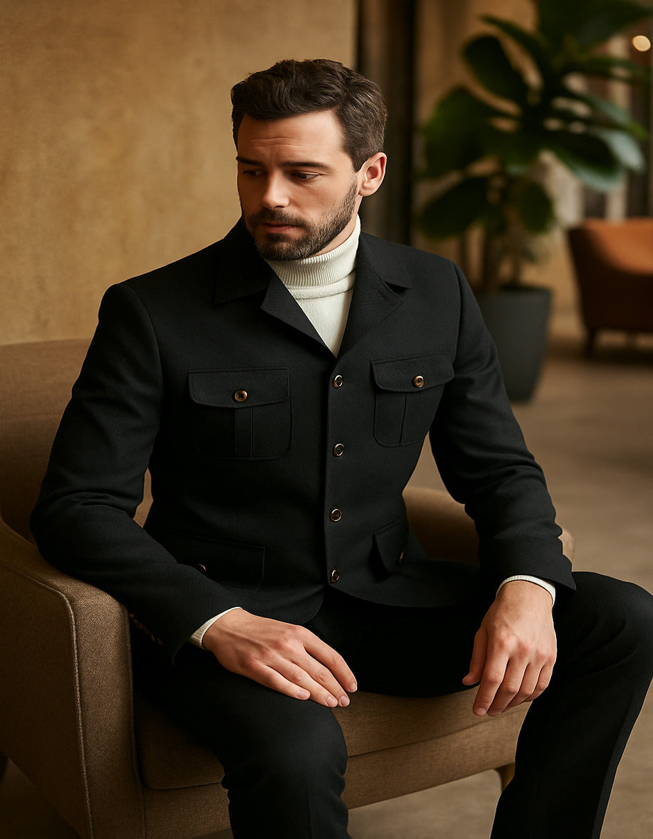 Black Textured Safari Walking Suit by Rossiman