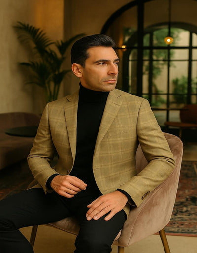 Men's Light Brown Plaid Sport Coat – Classic Check Blazer for Business and Casual Wear in Tan Windowpane Taupe Color