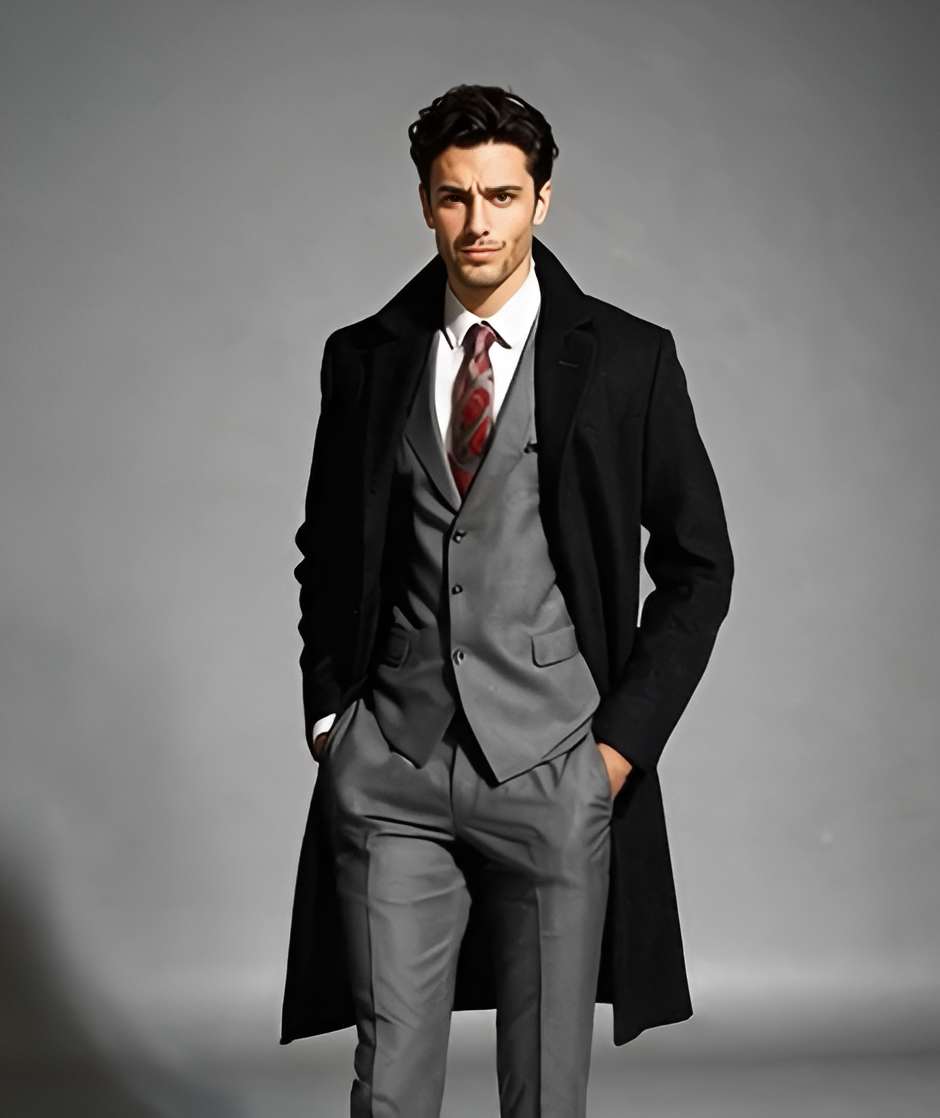 Men's Black Wool & Cashmere Full Length Overcoat