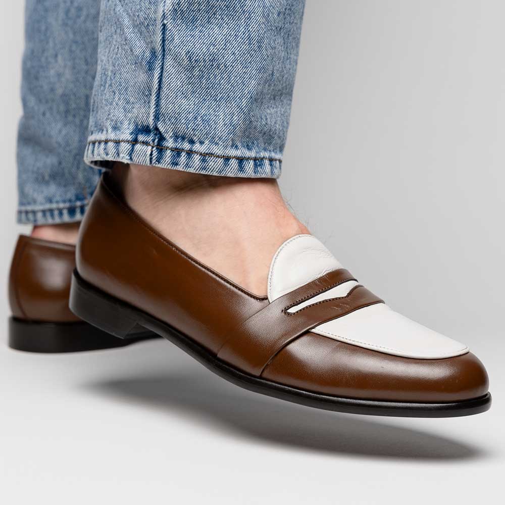 Zelli Alba Italian Calfskin Penny Loafers in Camel and Cream