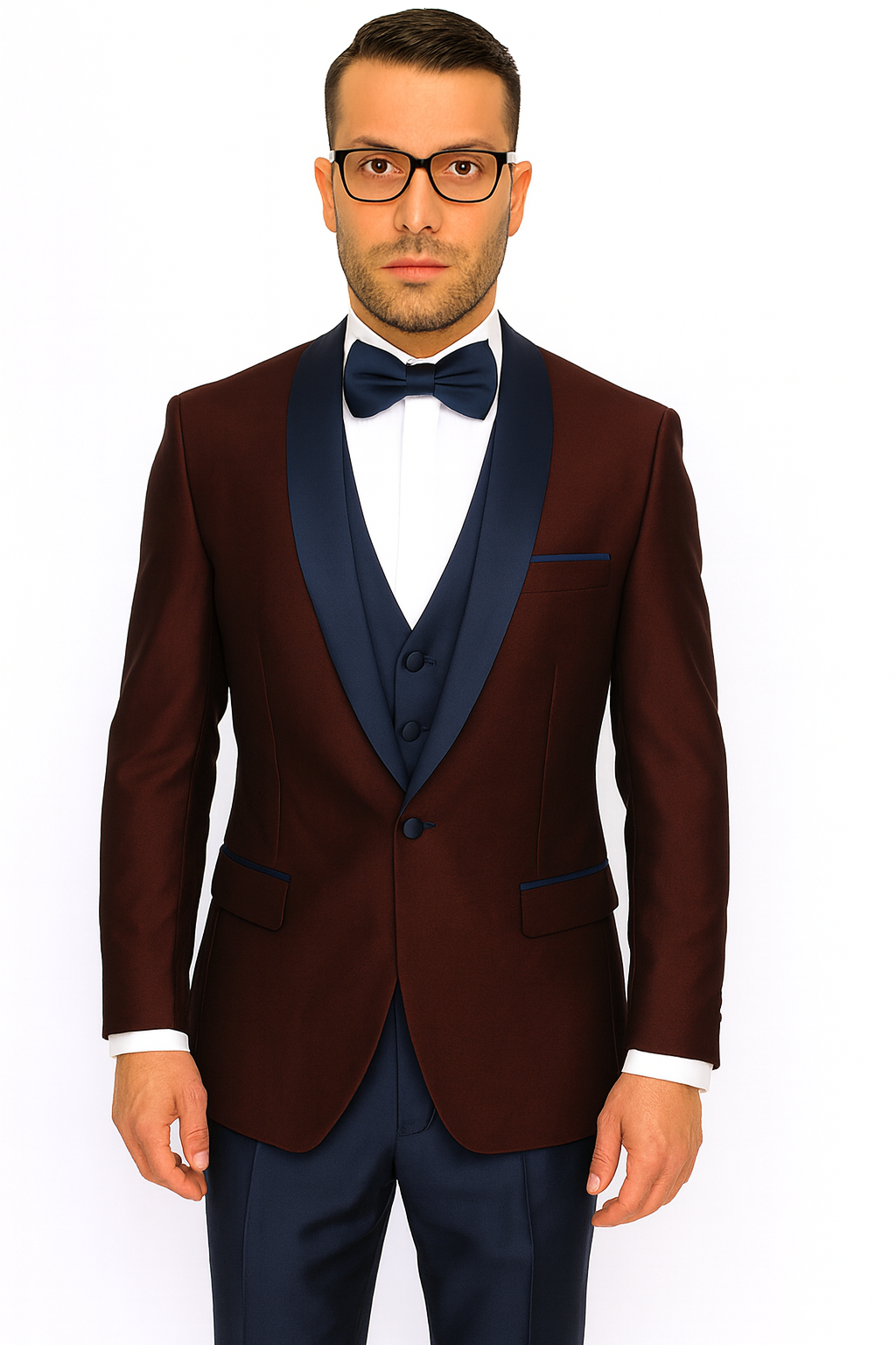 Burgundy Plum & Navy Lapel 3-Piece Tuxedo Suit