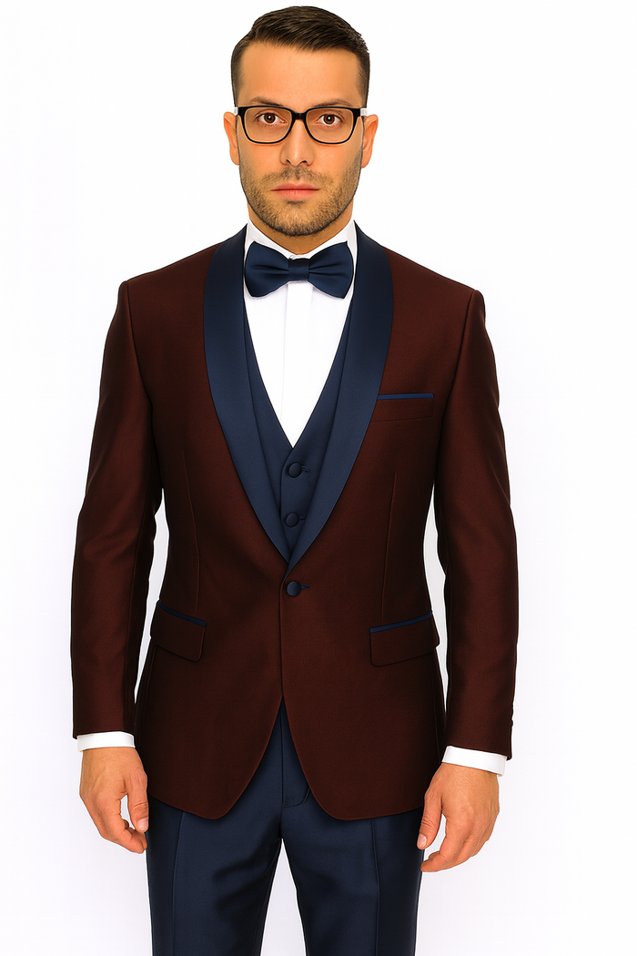 Burgundy Plum & Navy Lapel 3-Piece Tuxedo Suit