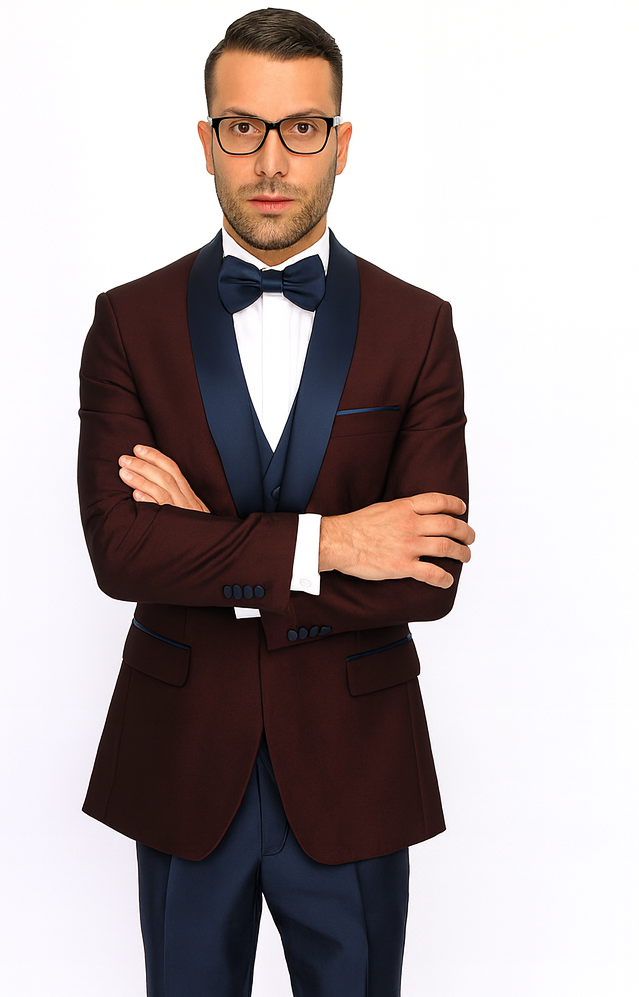 Burgundy Plum & Navy Lapel 3-Piece Tuxedo Suit