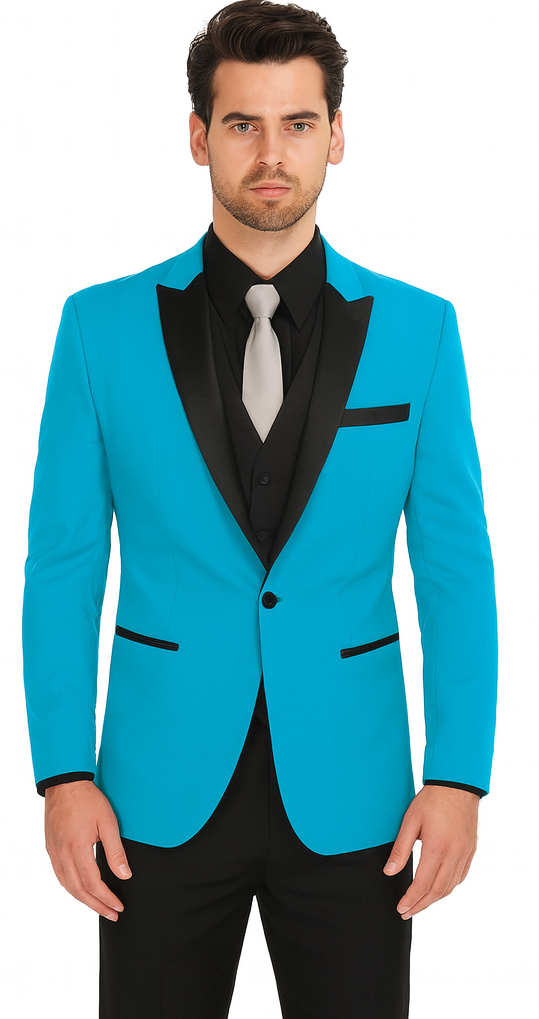 Alberto Nardoni Turquoise ~ Aqua Light Blue Tuxedo and Black Lapel Vested Suit With Black Vest