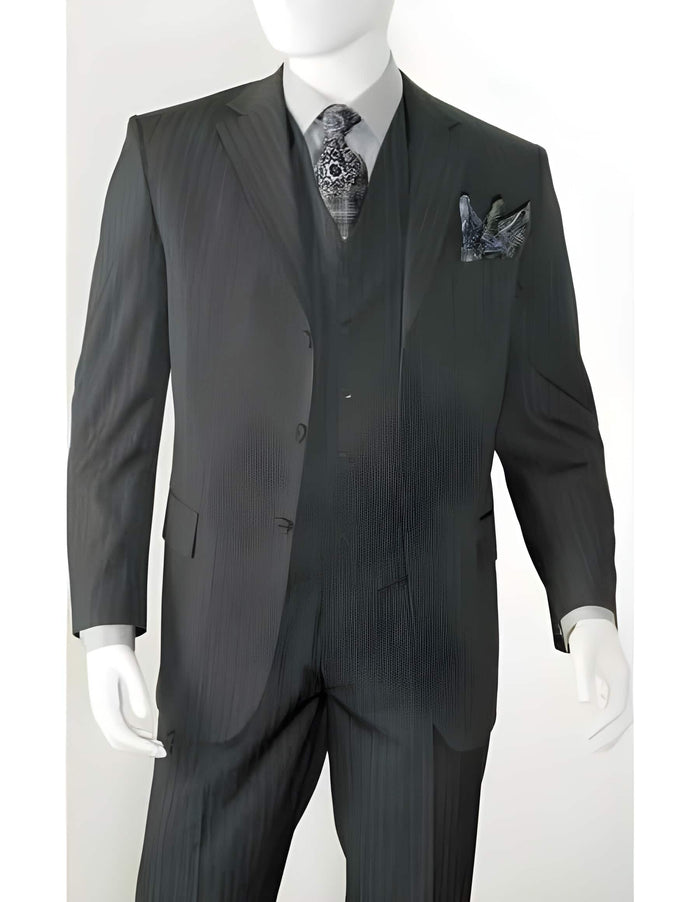 Albeto Nardoni 3 Piece Suits Dark Charcoal Grey Pinstripe ~ 3 Buttons Stripe Vested Wool Suit Pleated Pants