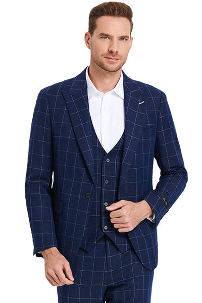 Navy Windowpane One Button Peak Lapel Suit