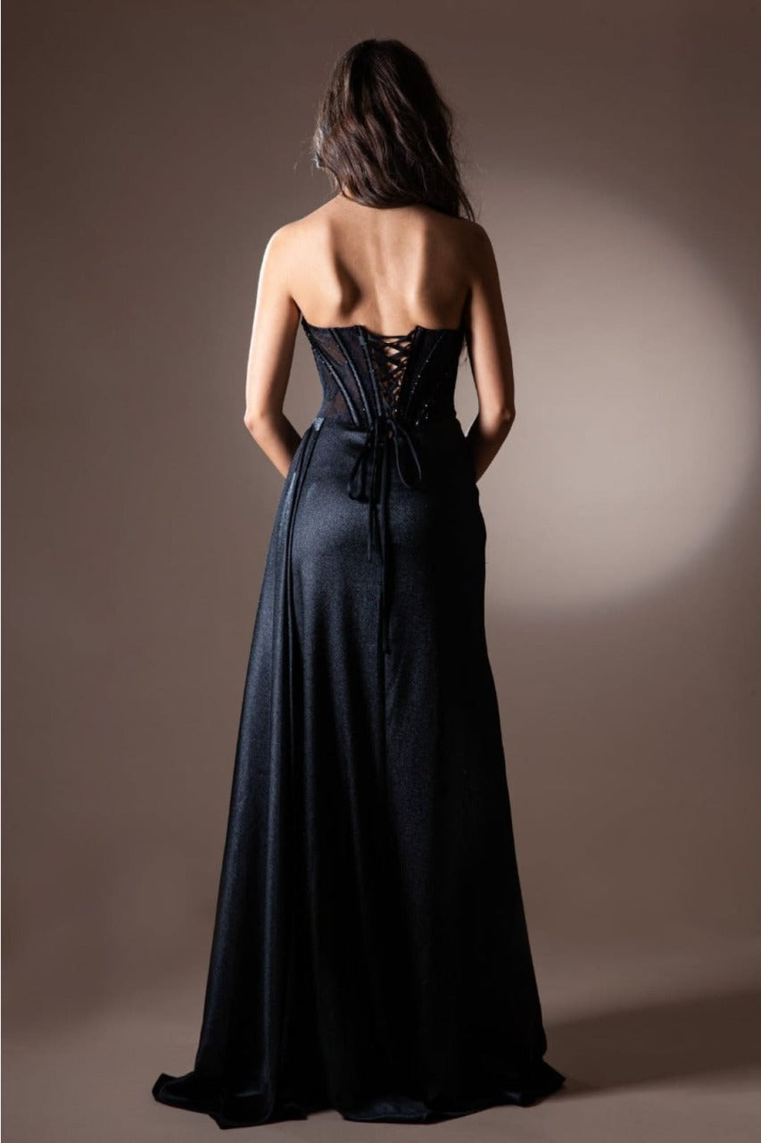 Amelia Couture 5054 Black Satin Corset Lace-Up Back Formal Gown