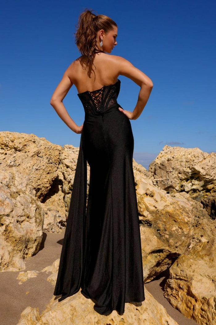Amelia Couture 5054 Black Satin Corset Lace-Up Back Formal Gown