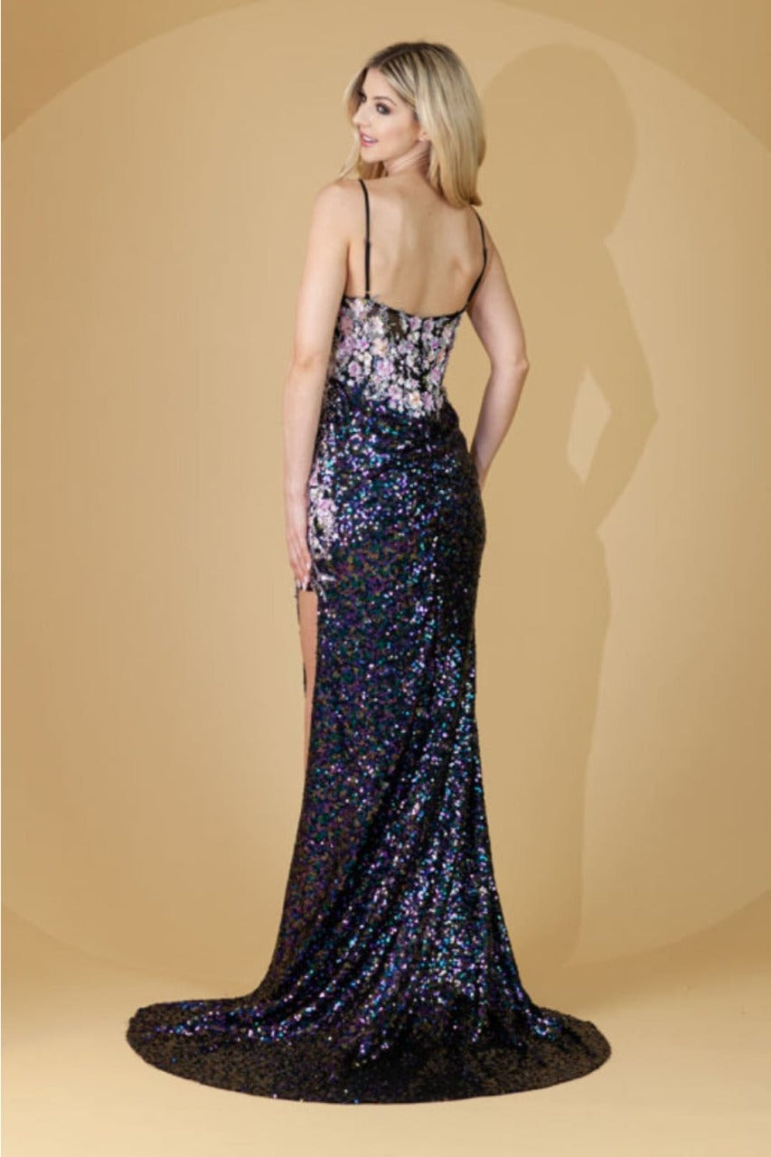 Amelia Couture TM1020 Sequin Floral Embellished High Slit Prom Gown