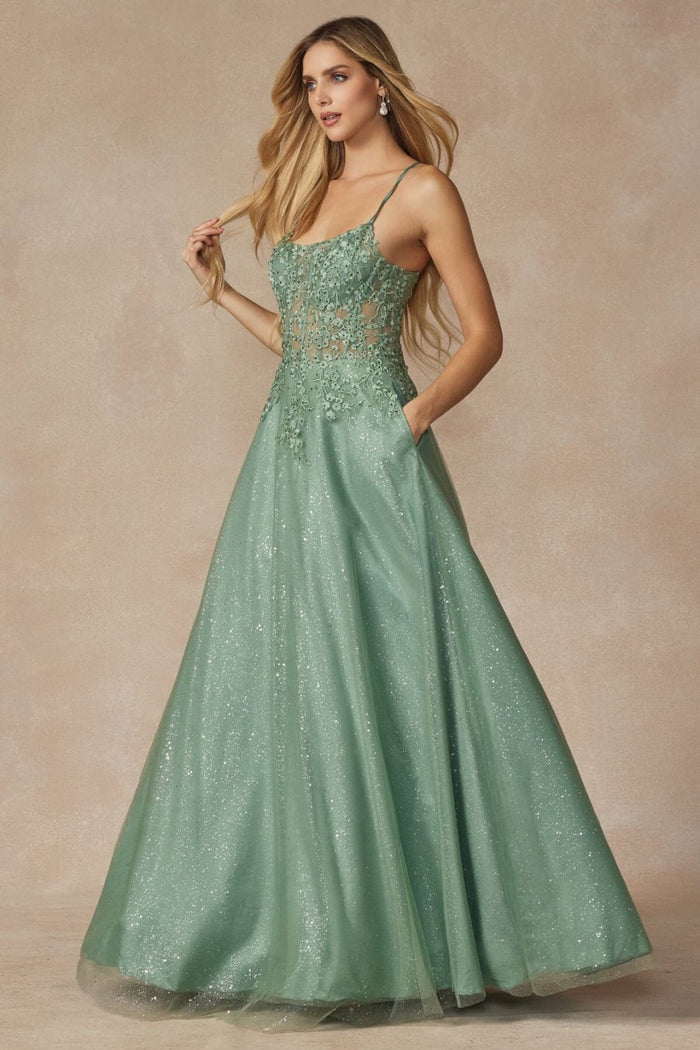 Silver A-Line Evening Dress Applique Sleeveless Corset Gown by Juliet 295