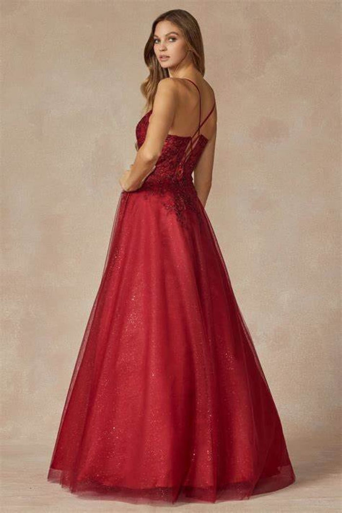 Silver A-Line Evening Dress Applique Sleeveless Corset Gown by Juliet 295