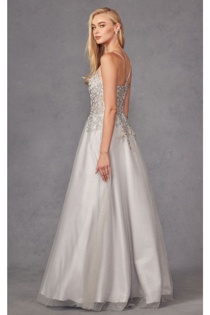 Silver A-Line Evening Dress Applique Sleeveless Corset Gown by Juliet 295