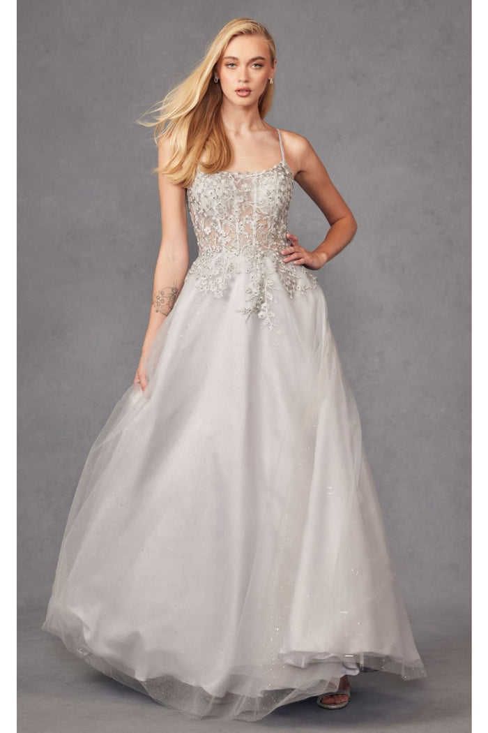 Silver A-Line Evening Dress Applique Sleeveless Corset Gown by Juliet 295