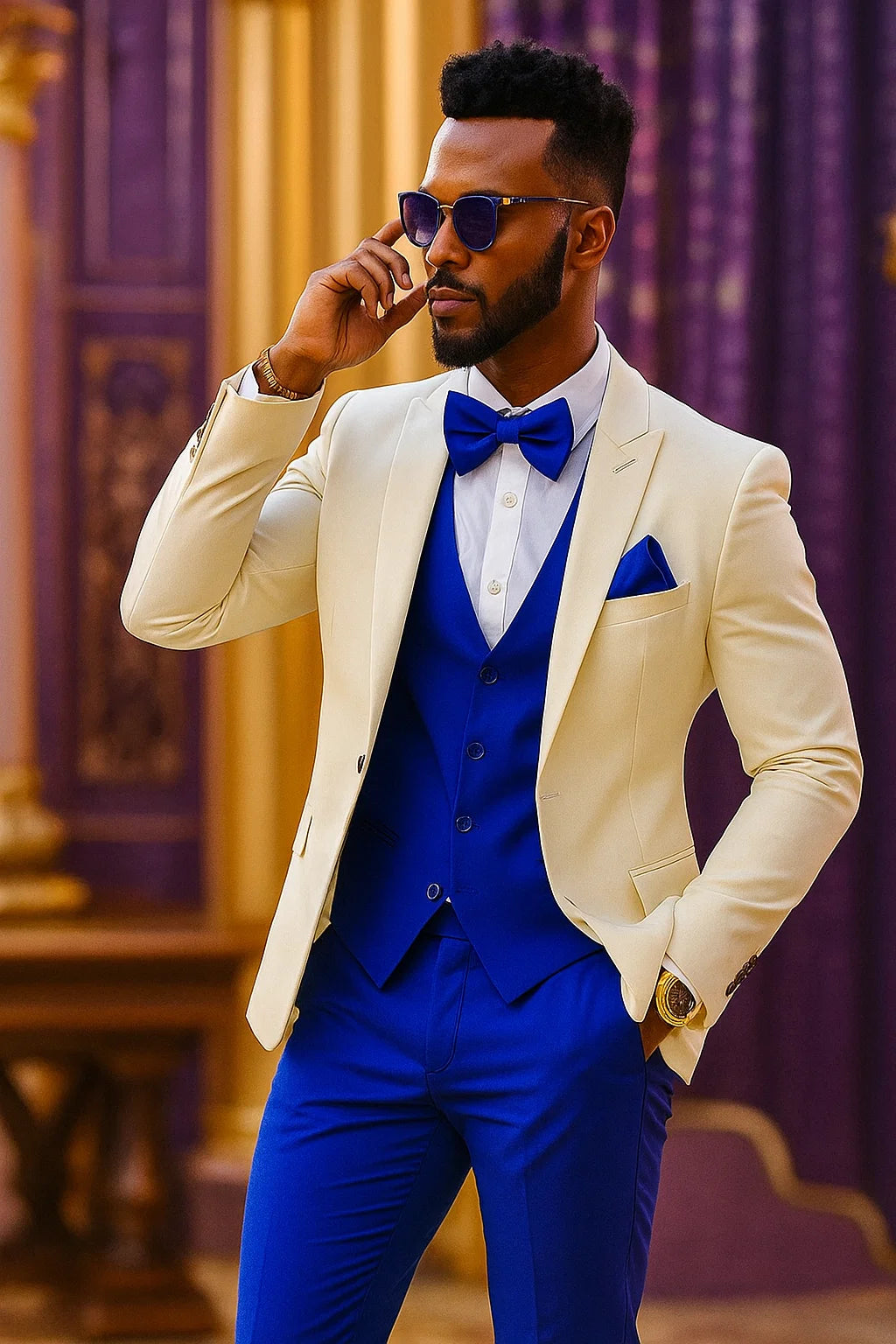 White and Royal Blue Tuxedo Wedding Suit - White Dinner Jacket + Vest + Pants + Bow-tie
