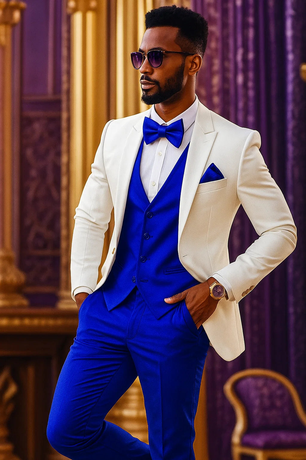 White and Royal Blue Tuxedo Wedding Suit - White Dinner Jacket + Vest + Pants + Bow-tie