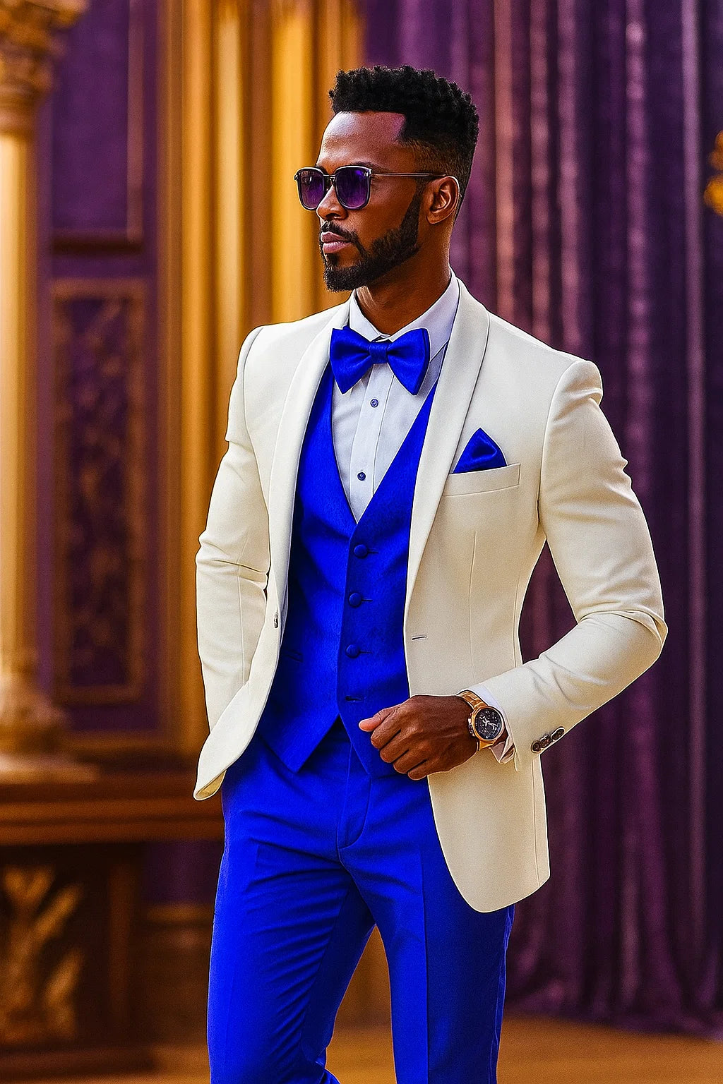 White and Royal Blue Tuxedo Wedding Suit - White Dinner Jacket + Vest + Pants + Bow-tie