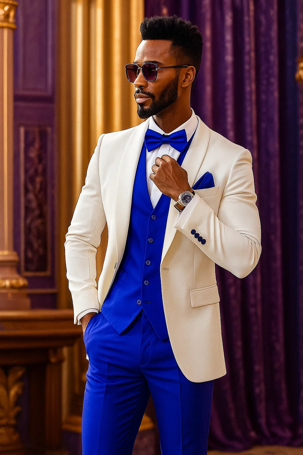 White and Royal Blue Tuxedo Wedding Suit - White Dinner Jacket + Vest + Pants + Bow-tie