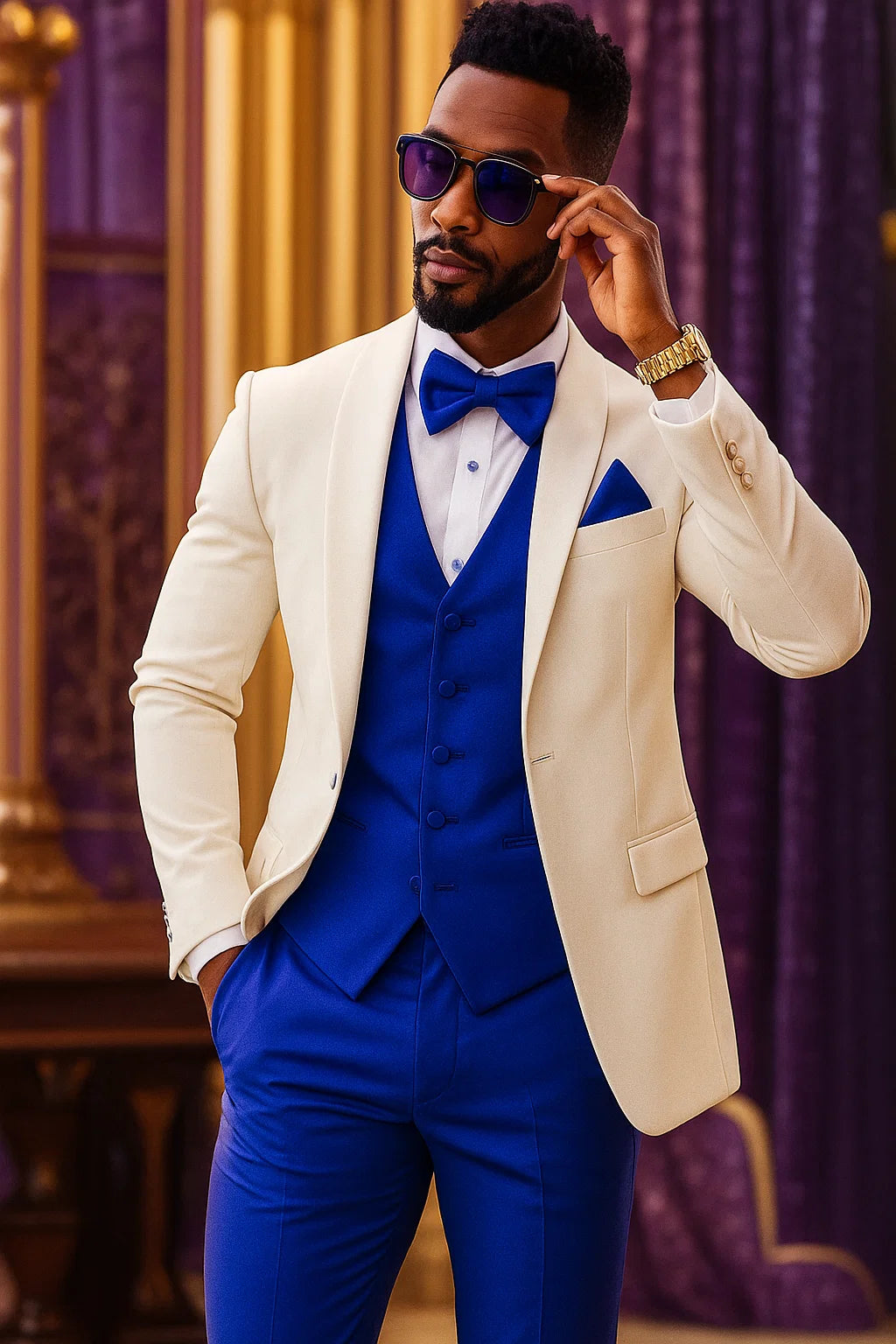 White and Royal Blue Tuxedo Wedding Suit - White Dinner Jacket + Vest + Pants + Bow-tie