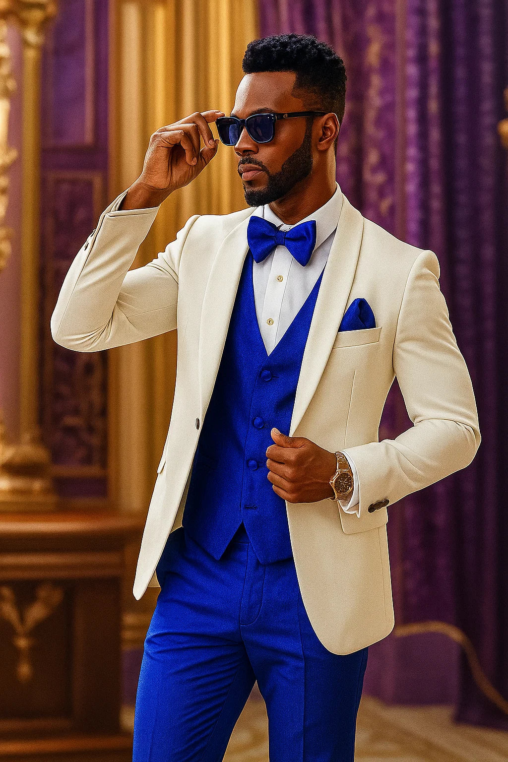 White and Royal Blue Tuxedo Wedding Suit - White Dinner Jacket + Vest + Pants + Bow-tie