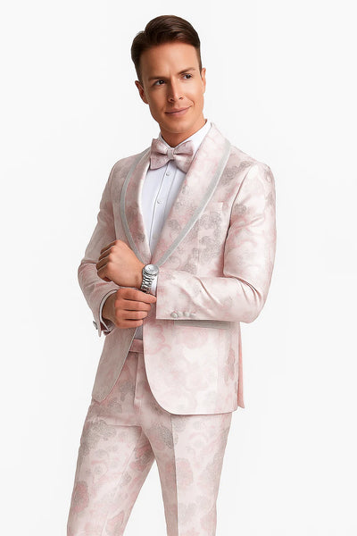 Mens Fancy Pink Floral Paisley Prom Tuxedo with Silver Trim