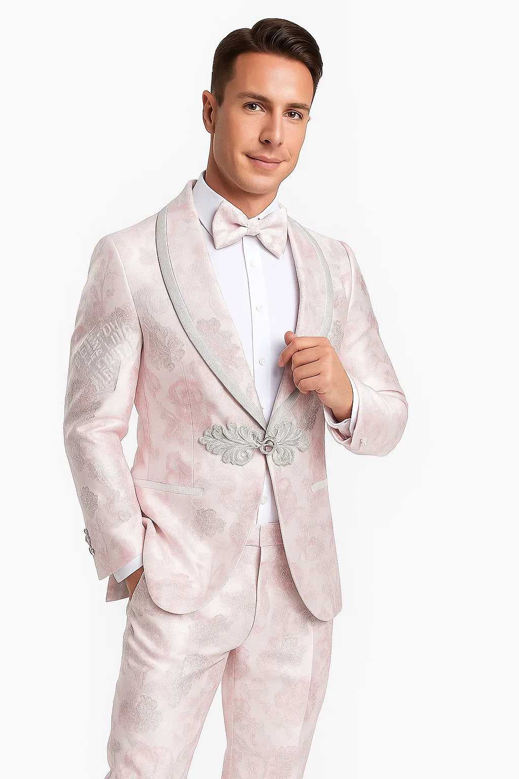 Mens Fancy Pink Floral Paisley Prom Tuxedo with Silver Trim