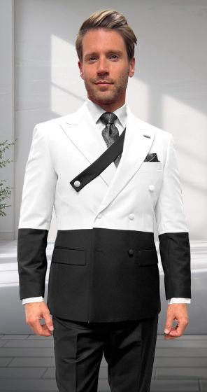 Statement Men's 2 Piece 100% Wool Modern Fit Double Breasted Suit - Two Tone Jacket