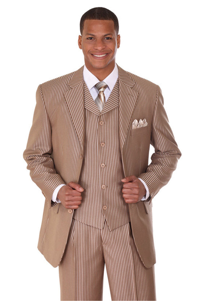 Mens 3 Button Vested Tonal Stripe Suit in Tan