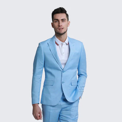 Baby Blue Slim Fit Linen Suit Two Piece Set