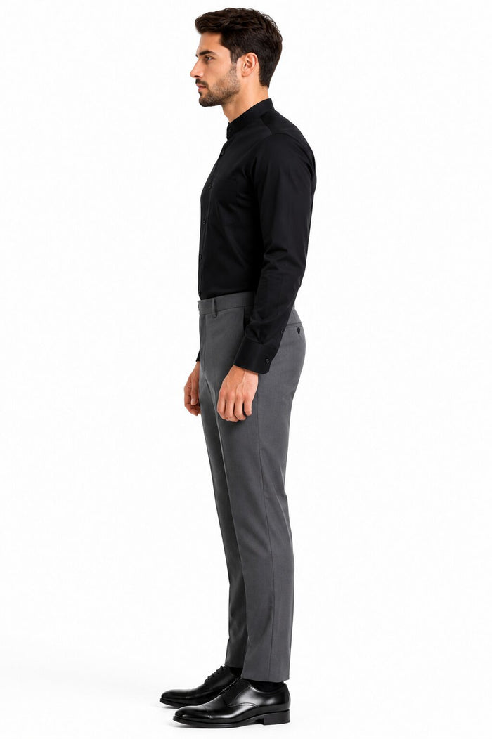 Solid Banded French Cuff Dress Mandarin Collarless Preacher Round Style Black Men's Dress Shirt