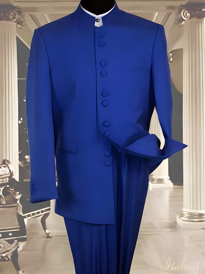 Basic Solid Plain Color Royal Light Blue Perfect for wedding Online Indian Wedding Outfits ~ Mandarin ~ Nehru Collar Jacket Collarless Style 2PC Suit