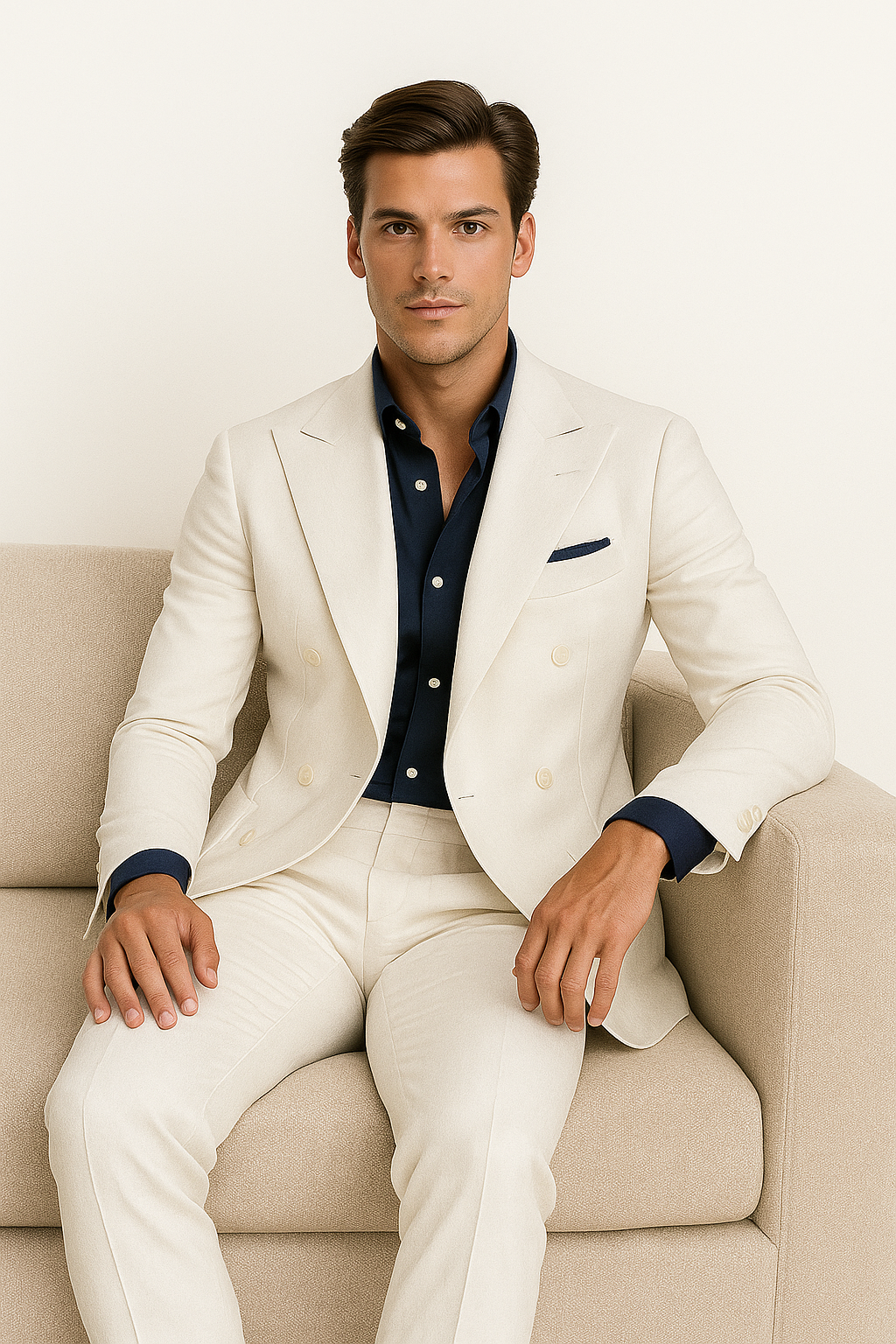 White Linen Double Breasted Suit, 4 Button