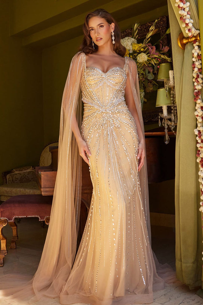 Beaded Fitted Cape Sleeve Gown by GLS Gloria GL3583-New Collection